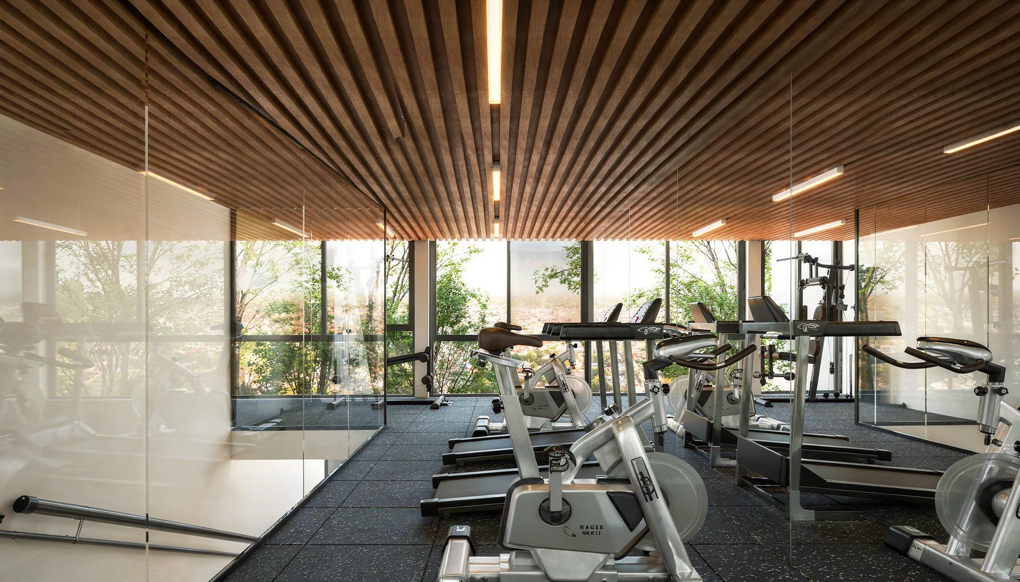 Gimnasio con equipos y vista al jardín
