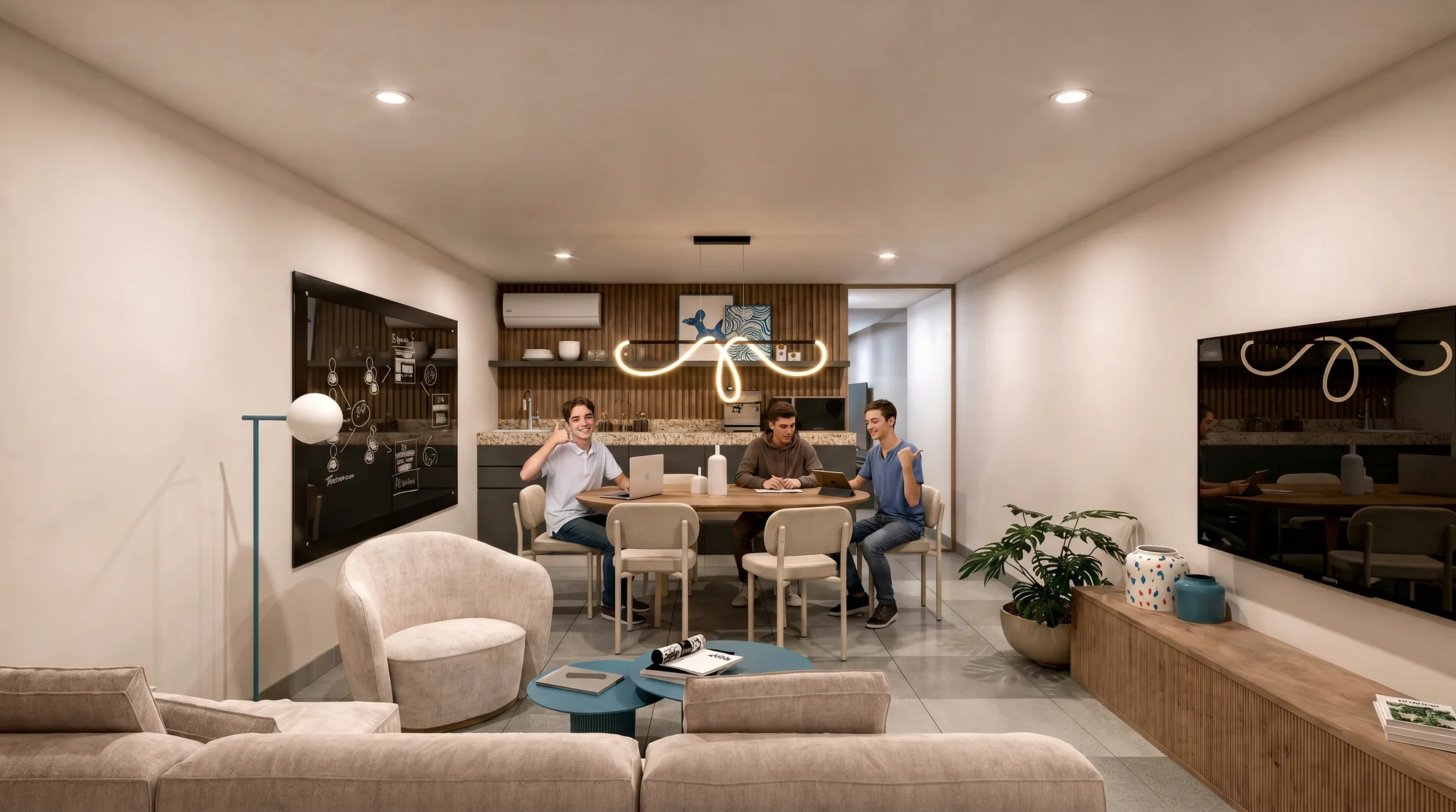 Privado Oxygen: salón con mesa larga para reuniones y comidas