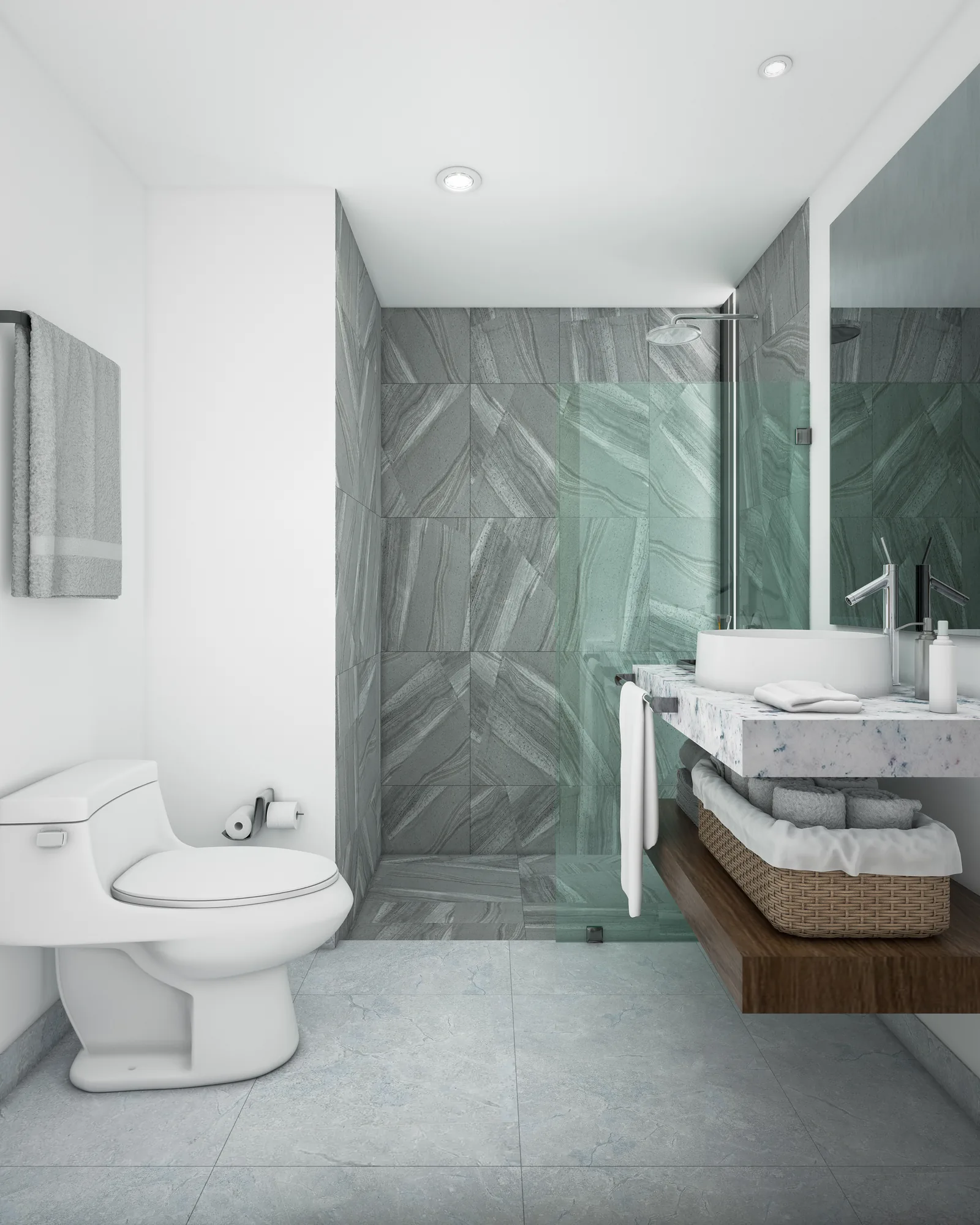 Baño con regadera en porcelánico gris y lavabo de granito