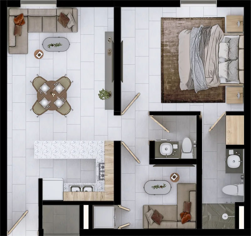 Planta ambientada de la tipología Breeze: 1 recámara y espacio Flex