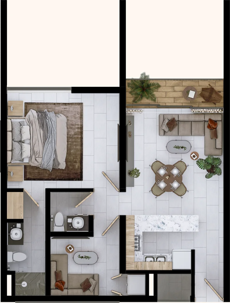 Planta ambientada de la tipología Breeze+: 1 recámara, espacio Flex y terraza