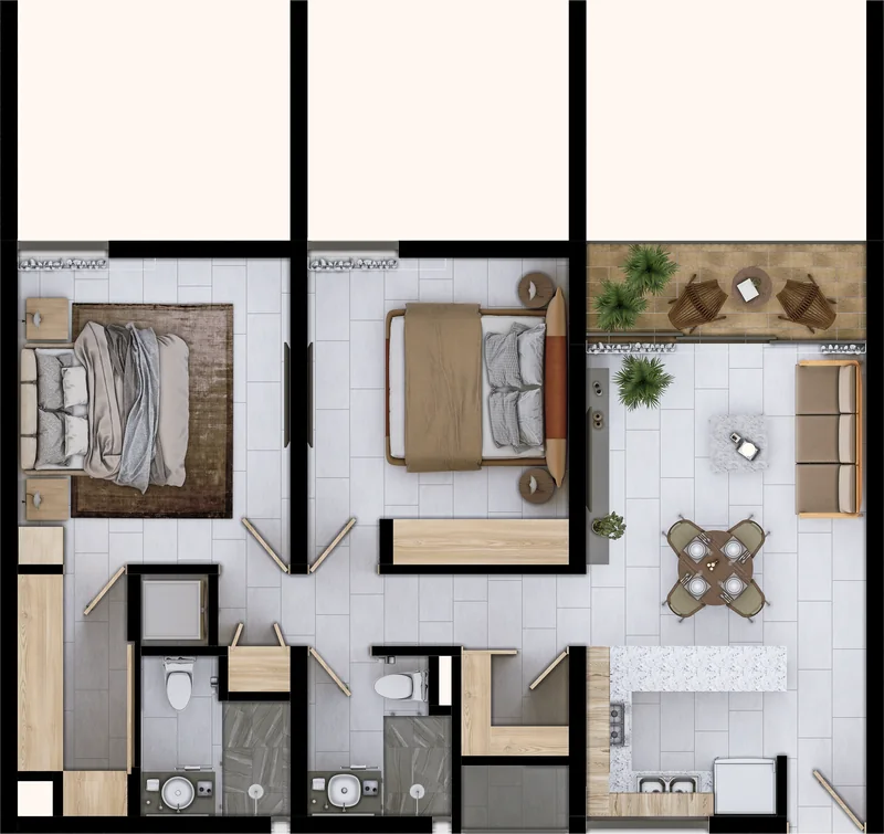 Planta ambientada de la tipología Flow: 2 recámaras, espacio adicional y terraza