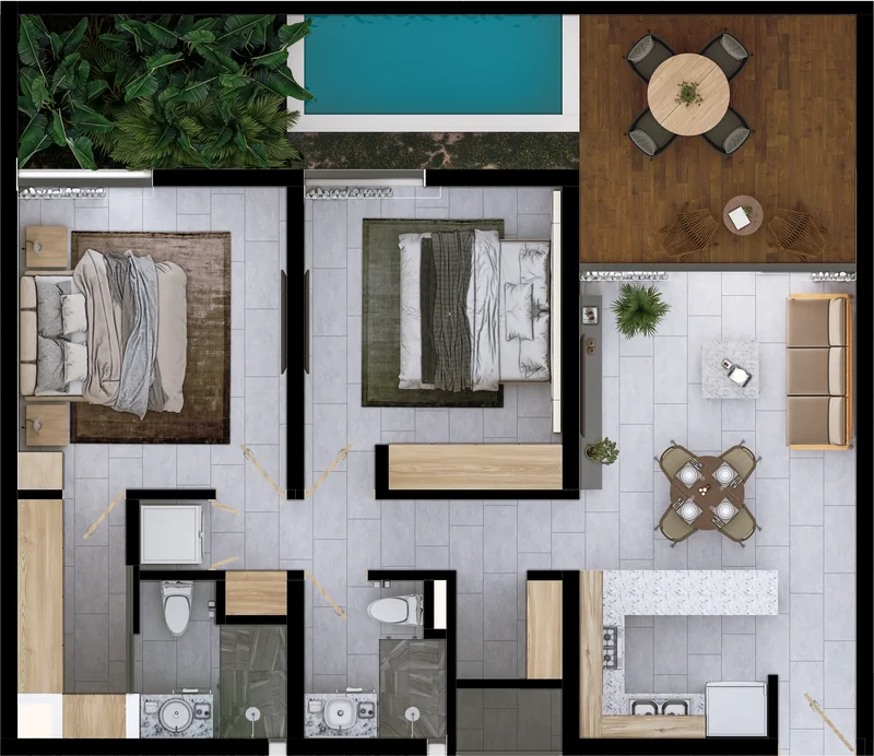 Planta ambientada de la tipología Flow+ Pent Garden con jardín y alberca privada