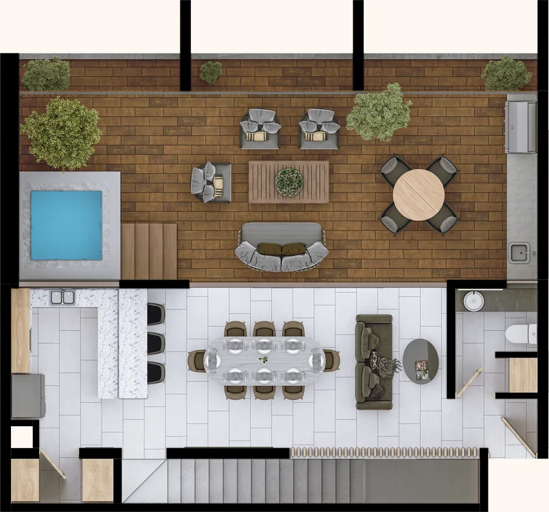 Planta alta del Oxygen Penthouse: área social, terraza con alberca o jacuzzi y asadores